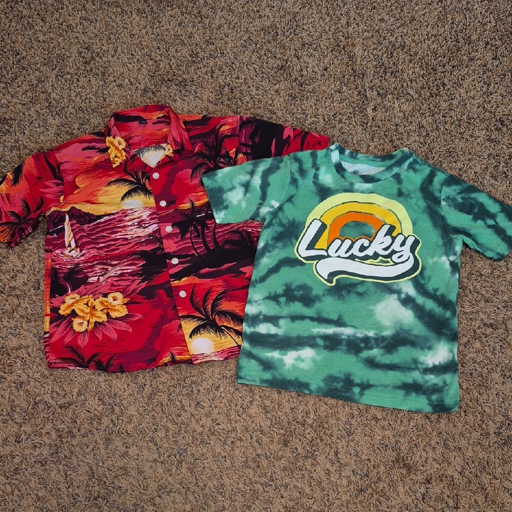 Lot of 2 Hawaiian and St. Patrick's Day Green Tie-Dye 'Lucky' Kids T-Shirt 6/7